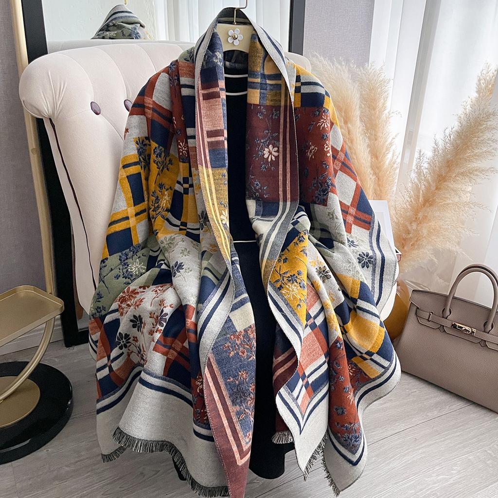 Women's Thick Warm Winter Plaid Print Imitation Cashmere Pashmina Shawl - Knitted Faux Cashmere Lady Wrap Scarf Blanket Foulard