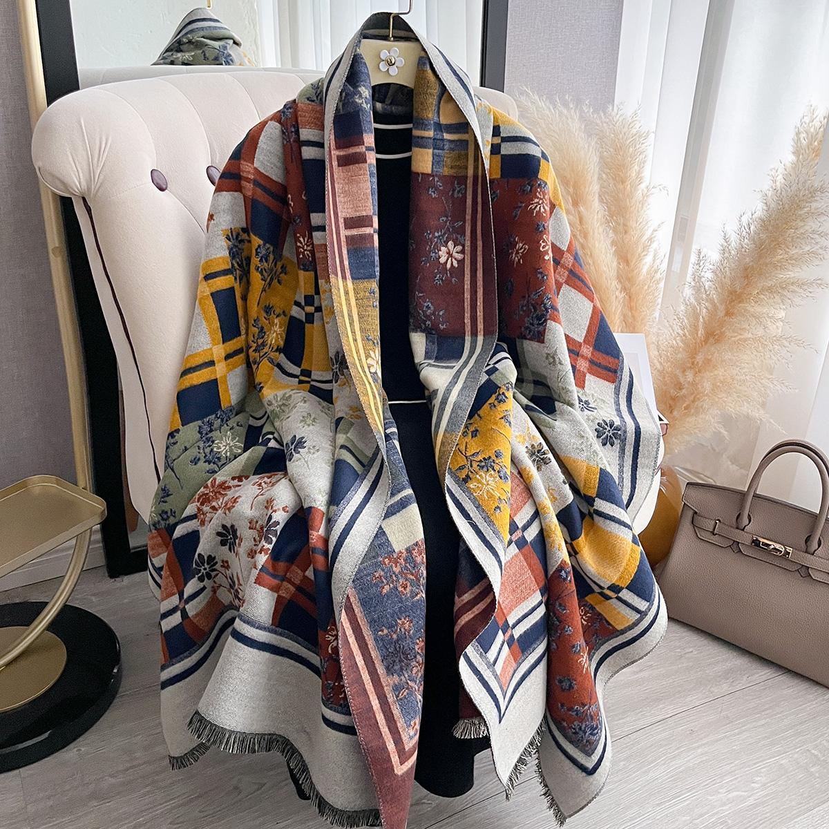 

Women s Thick Warm Winter Plaid Print Imitation Cashmere Pashmina Shawl - Knitted Faux Cashmere Lady Wrap Scarf Blanket Foulard