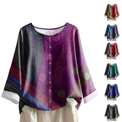 Women's Casual Long-sleeved Round Neck Retro Geometric Print Cotton And Linen Top