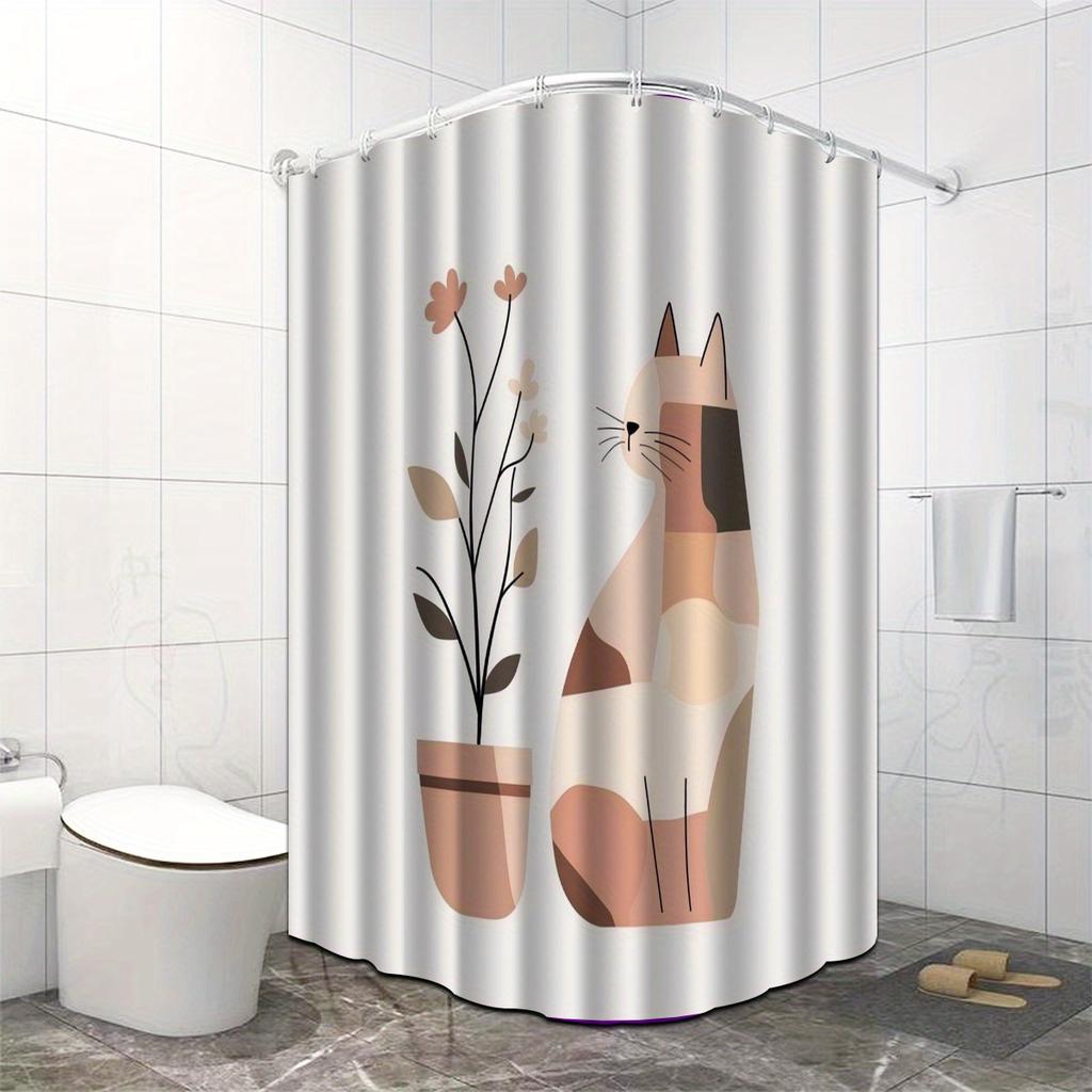Whimsical Cat & Floral Shower Curtain - Artistic Design, Polyester, Machine Washable, Pink/Brown/White Cats, Perfect Bath Decor