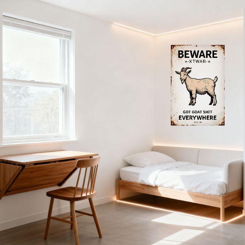 Vintage Beware Goat Sign Rustic Metal Sign with Cartoon Goat Illustration 'GOT GOAT SHIT EVERYWHERE' Distressed Aged Metal Warni