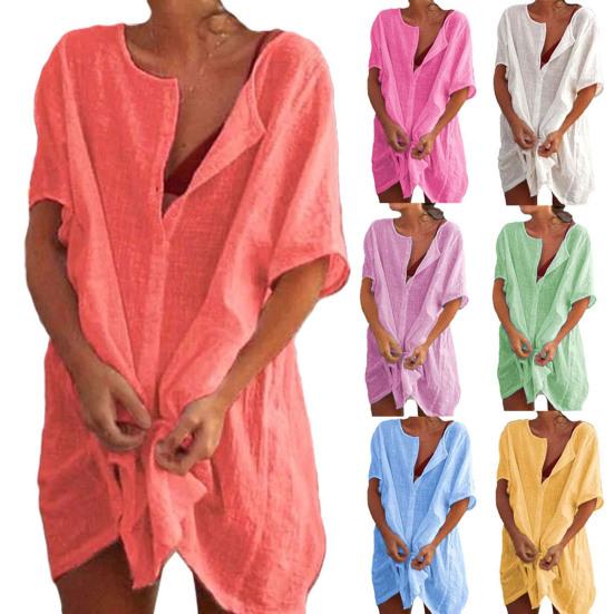 Plus Size Women Solid Color Short Sleeve V Neck Buttons Loose Shirt Mini Dress