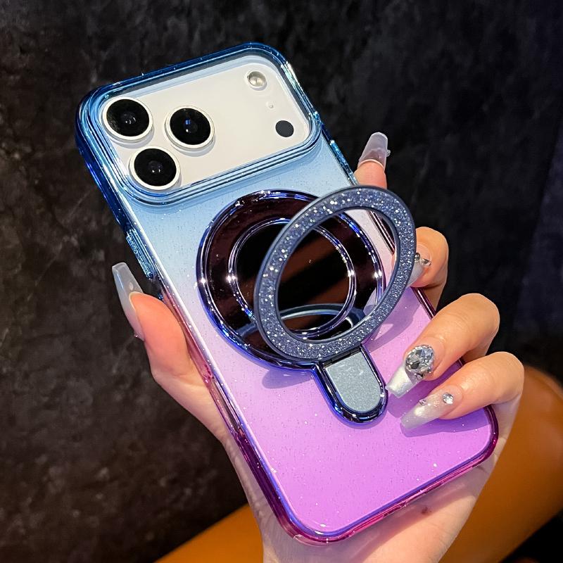 For Magsafe Magnetic Wireless Charging Gradient Two Tone Glitter Mirror Bracket Phone Case For iPhone 17 Pro Max Air Back Cover