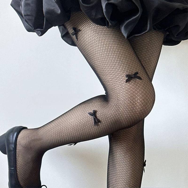 Kawaii Gothic Hollow Out Pantyhose Lolita Bow Knot Fishnet Stockings Women Spicy Girl Sexy Thin Ins Tide Lace Tights