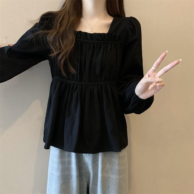 

Нишевая женская одежда Осень и зима Блузка из шифона с длинным рукавом Женский летний дизайн Свободный топ, скрывающий живот M чёрный