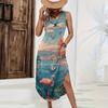 Women Sleeveless Maxi Dress Casual Loose Fit Summer Hawaiian Print Long Dress Side Slit Beachwear Sundress