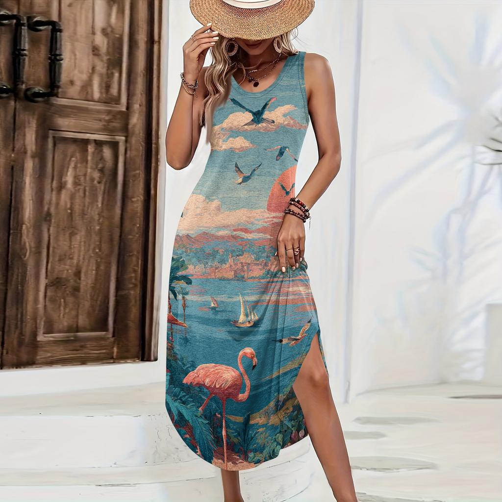 Women Sleeveless Maxi Dress Casual Loose Fit Summer Hawaiian Print Long Dress Side Slit Beachwear Sundress