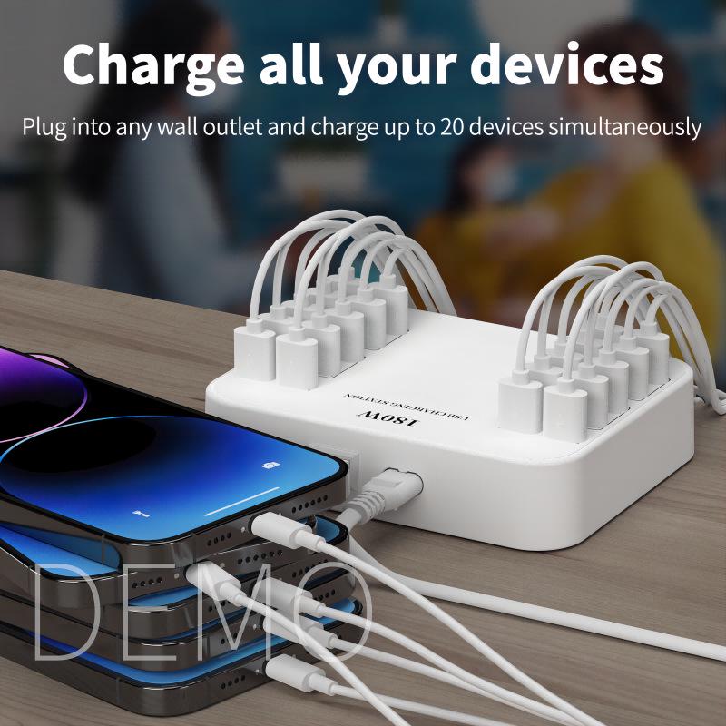 20-Port 180W USB Charger for Smartphones - Ideal for Studio, Home, or Office Use
