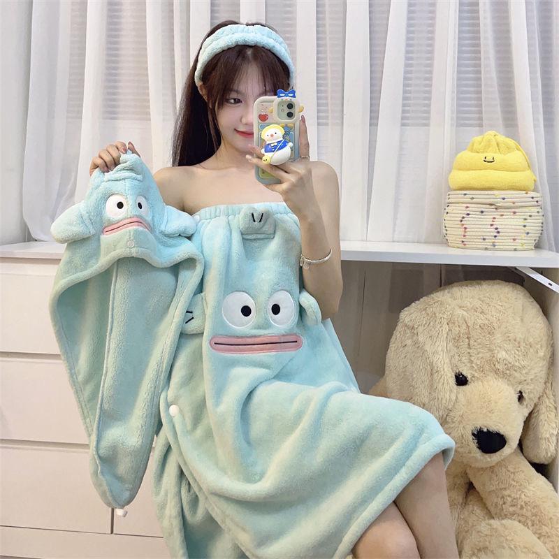 Kuromi Wearable Bathrobe Set: Includes Coral Fleece Bath Towel, Dry Hair Cap, and Hair Band - Soft, Skin-Friendly, Cartoon Design.