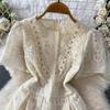 High Quality Runway Design Embroidered Beaded Round-Neck Wedding Dress for Women Summer Lace Crochet Slim Pleated Dress