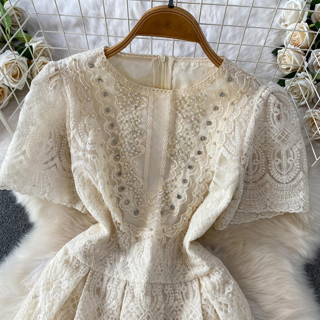 High Quality Runway Design Embroidered Beaded Round-Neck Wedding Dress for Women Summer Lace Crochet Slim Pleated Dress