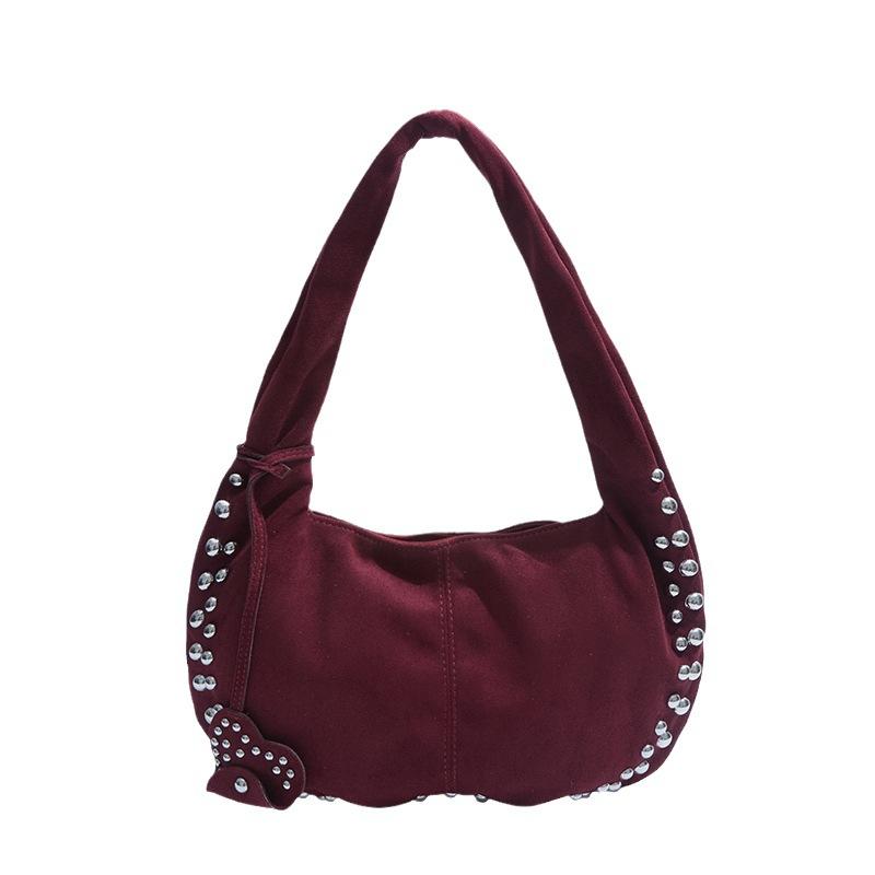 2025 Autumn and Winter New Deerskin Velvet Women's Bag Single Shoulder Diagonal Hanging Rivets Matte Crescent Armpit Casual Tote Handbag