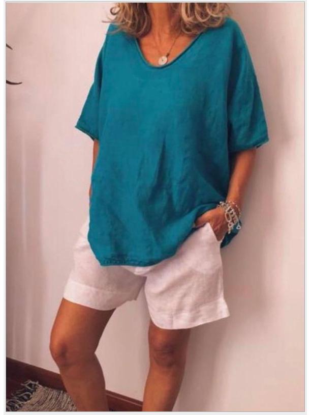 Summer Casual Cotton Linen T-Shirt: Solid Color, Loose Fit, Short Sleeve