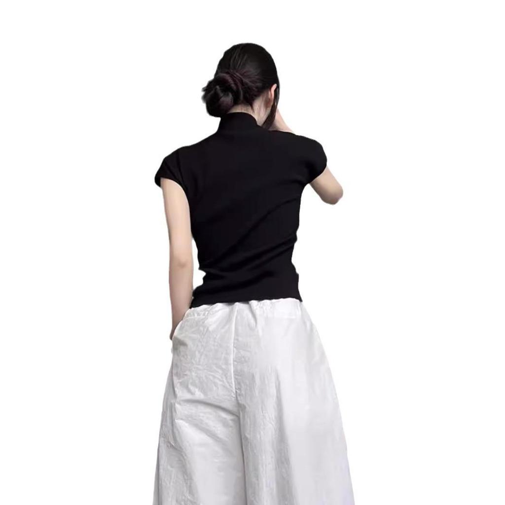 Women's Spring Chinese-Style Slim Fit Buttoned Short-Sleeve T-Shirt with Stand Collar and Ruffle Sleeves