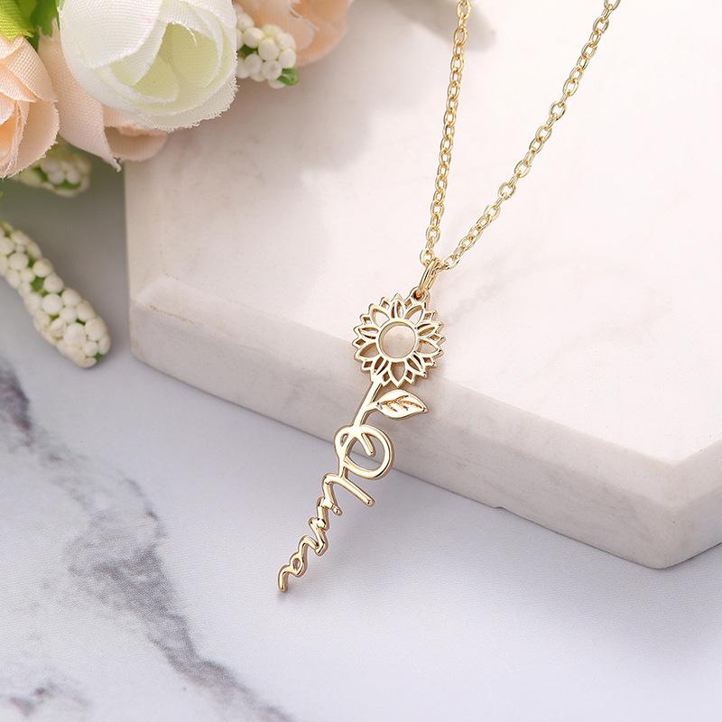 Personalized Sunflower Name Pendant Necklace for Women, Custom Gold Tone Minimalist Jewelry