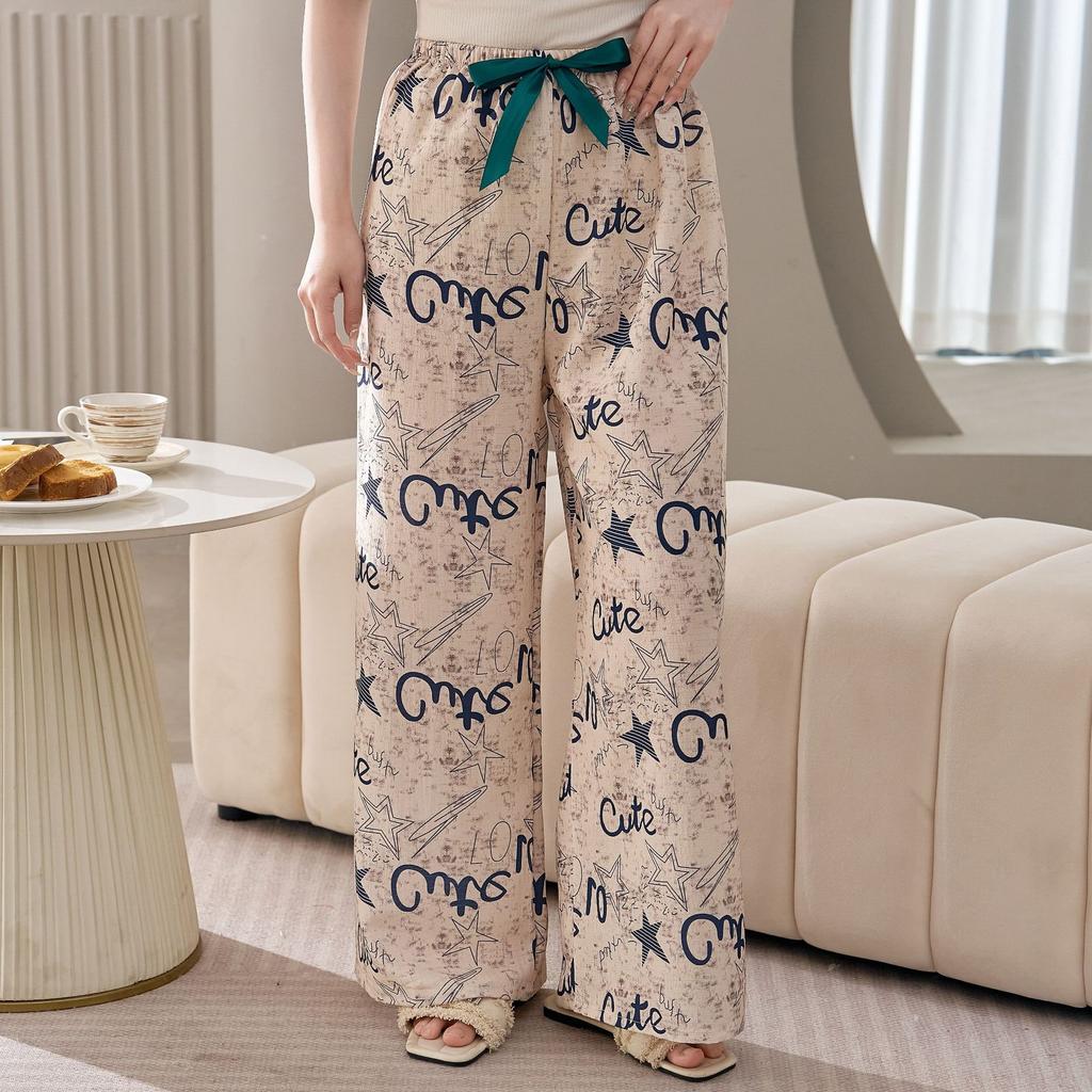Cotton Silk Family Spring and Autumn Women's Cotton Silk Pajama Pants Wide-leg Pants Thin Artificial Cotton Can Be Worn Outside Casual Home Pants