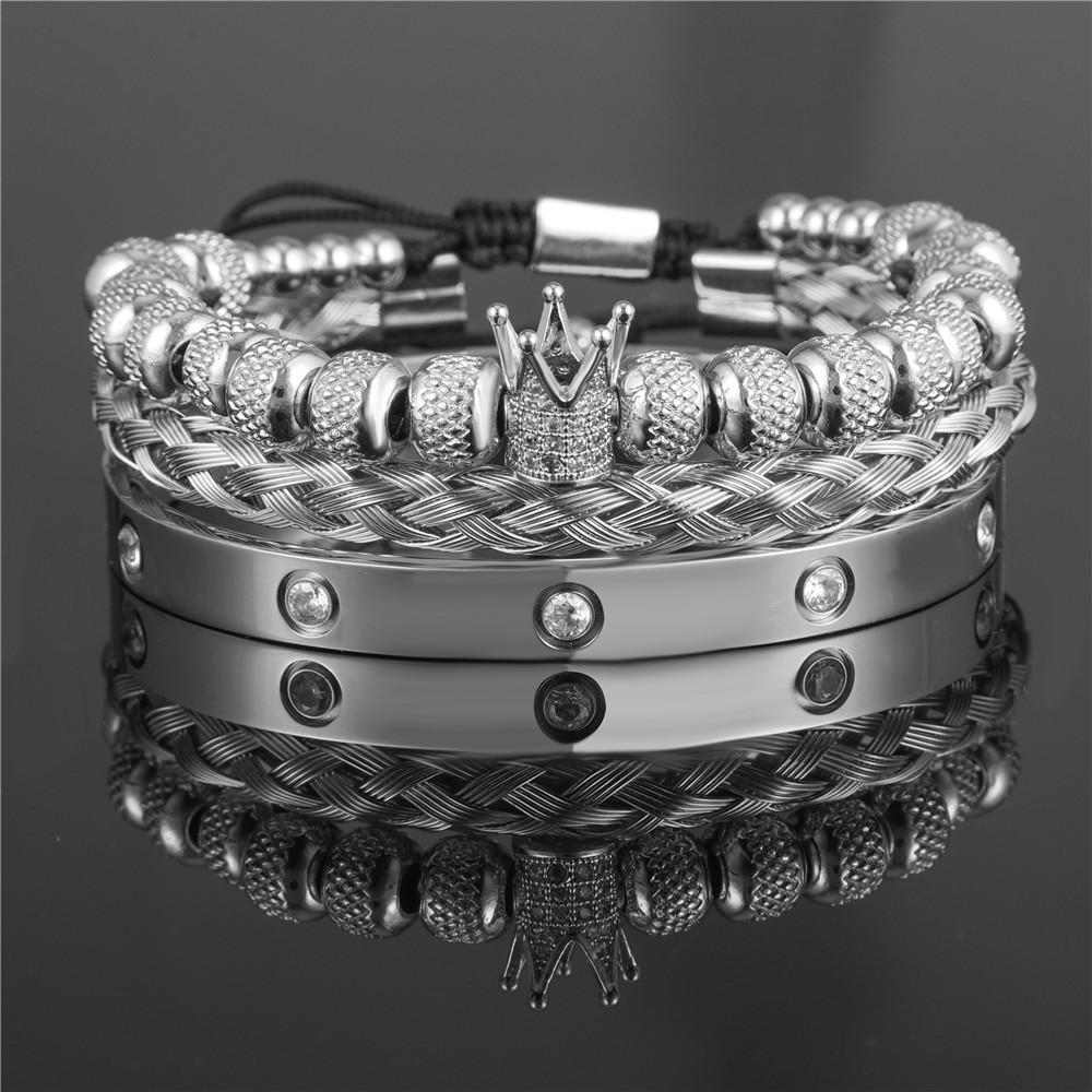 Vintage Crown Stainless Steel Bracelet Set With Letter And Number Charms For Men And Women