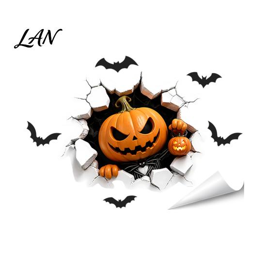 Black Cat Wall Stickers Halloween Stickers, 3D Broken Effect with Ghost Skeleton Pumpkin Bat Decals, Self-Adhesive Temporary Decorations Waterproof