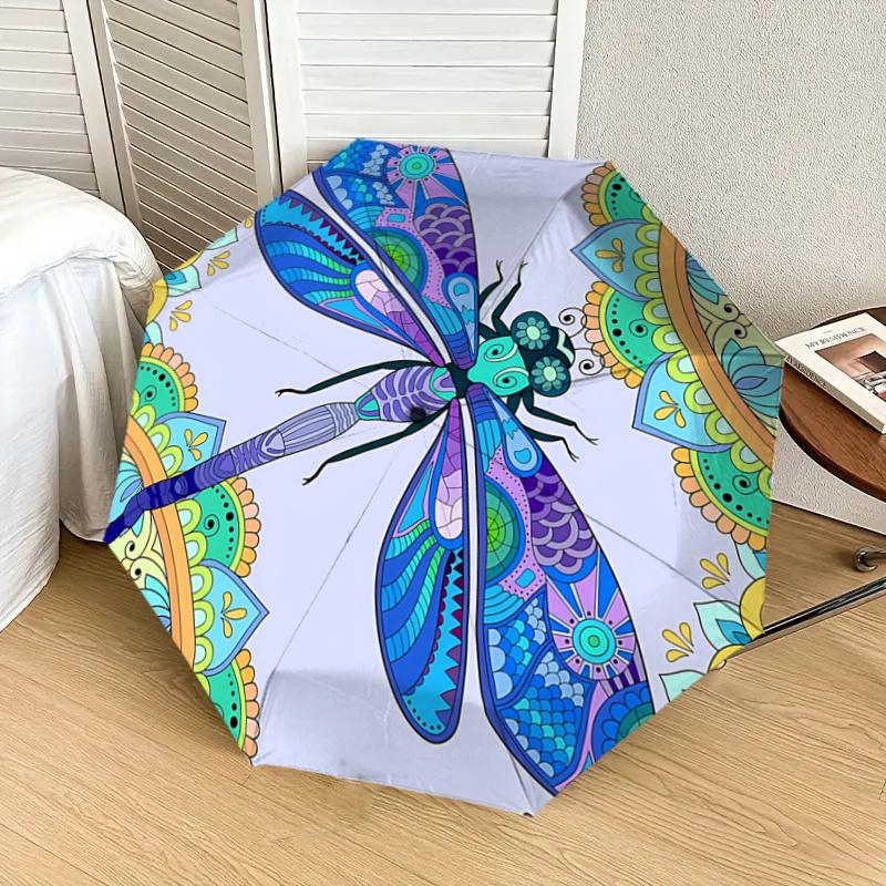 Colorful Dragonfly Mandala Automatic Opening Rain Umbrella with Foldable Design, Outdoor Festival Gift for Fans and Travelers1121217a
