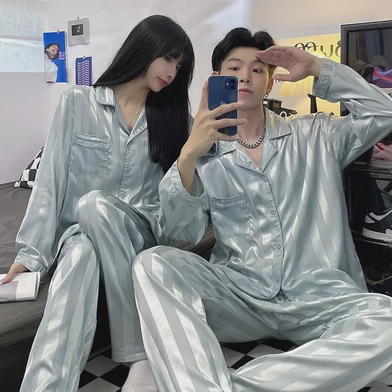 Pyžamový set s žakárovou kostkou v ledově hedvábné barvě - pánský a dámský kardigan s dlouhým rukávem a kalhoty