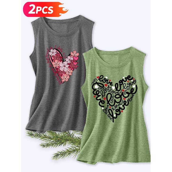 Follow a Specific Direction Two-piece Women's Tank Top with Heart and Floral Print Elegant Summer Party Outfits Sleeveless Vest Essential Fashion