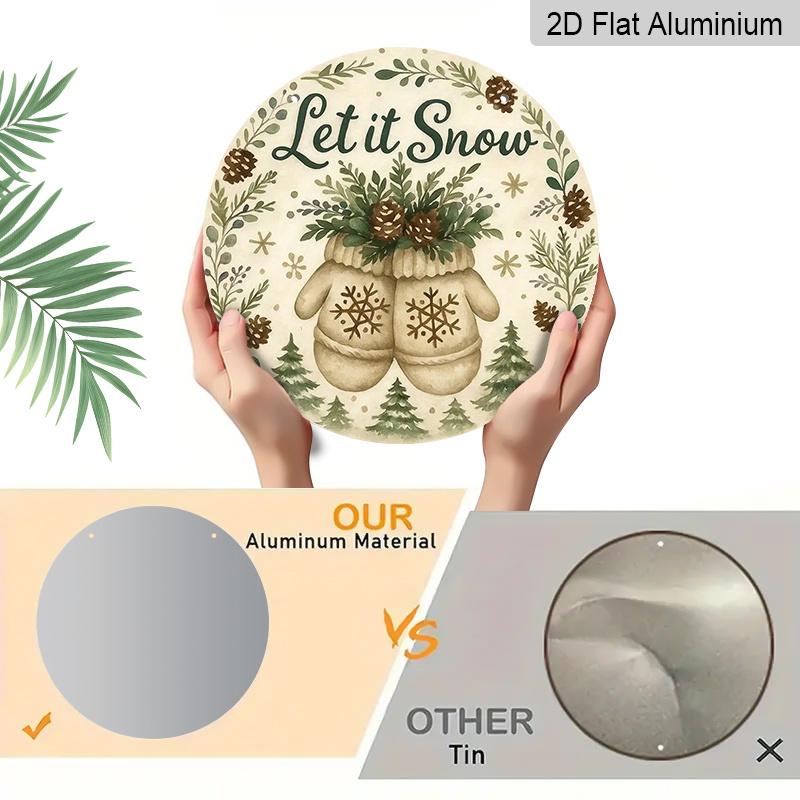 2D Flat, 1pc Winter Snowflake and Pine Tree Aluminum Wall Decor - Let It Snow Sign, Soft Green, Beige, Brown & Other Colors - Pre-Drilled Holes