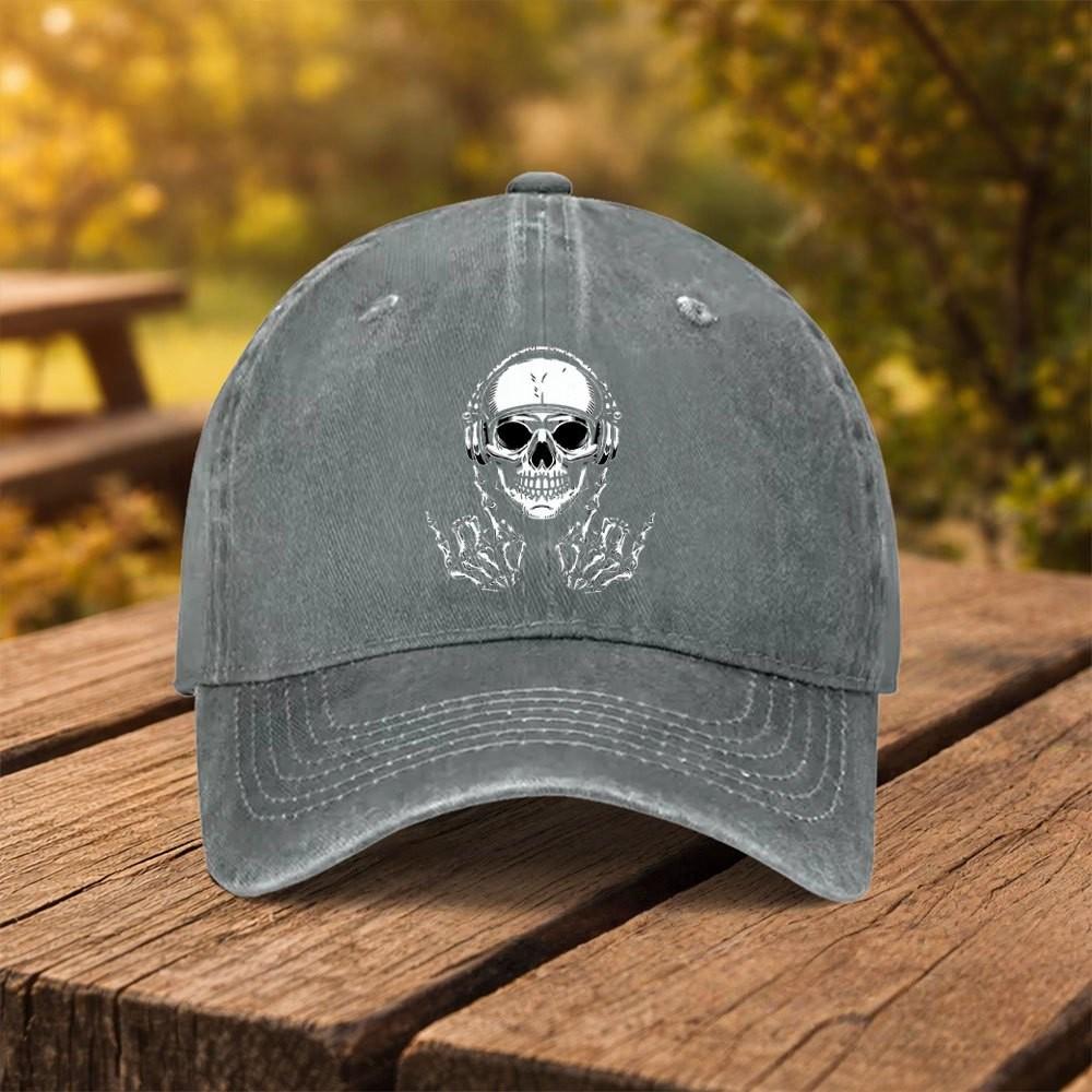 Skull Headphones Rock Baseball Cap Distressed Washed Cotton Adjustable Snapback Hat for Unisex