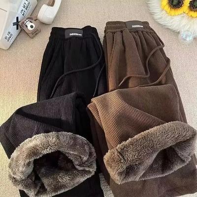 Calças Femininas Plus Size Espessas Elásticas Cintura Alta Calças Compridas Cor Sólida Lã Casual Calças de Perna Larga