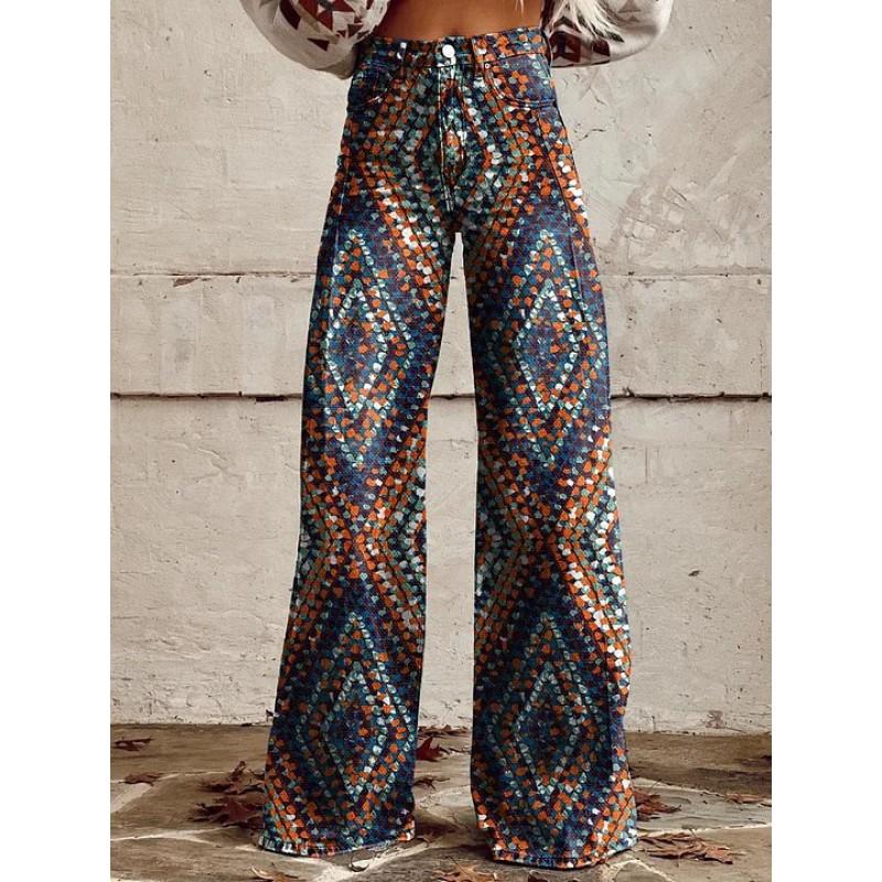 Dame Løstsiddende Bomuld Wide Leg Bukser Med 3D Digital Print Streetwear Stil Afslappede Bukser