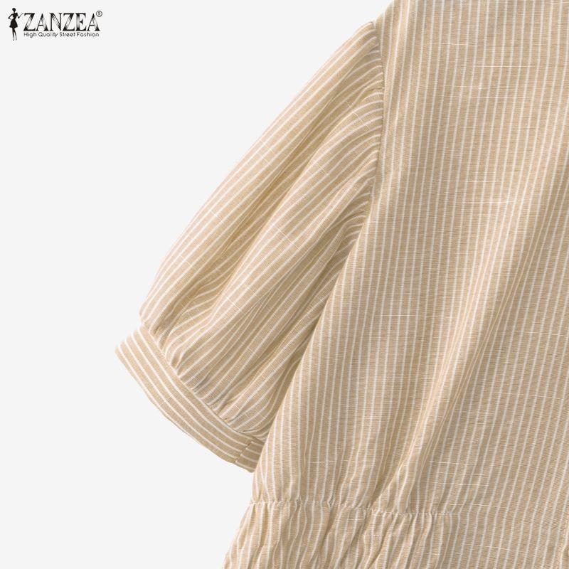 ZANZEA Women Casual Round Neck Loose Short Sleeve Stripe Blouse