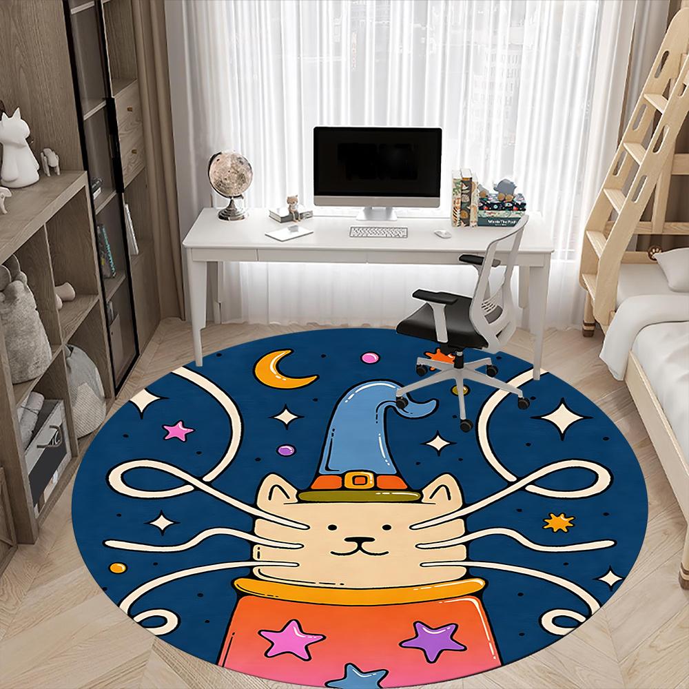 1pc Witch Cat Office Round Area Rug, Indoor Mat Suitable ForOffice, Under Office Chairs Bedroom Living Room Home Decor, Room Deco q044