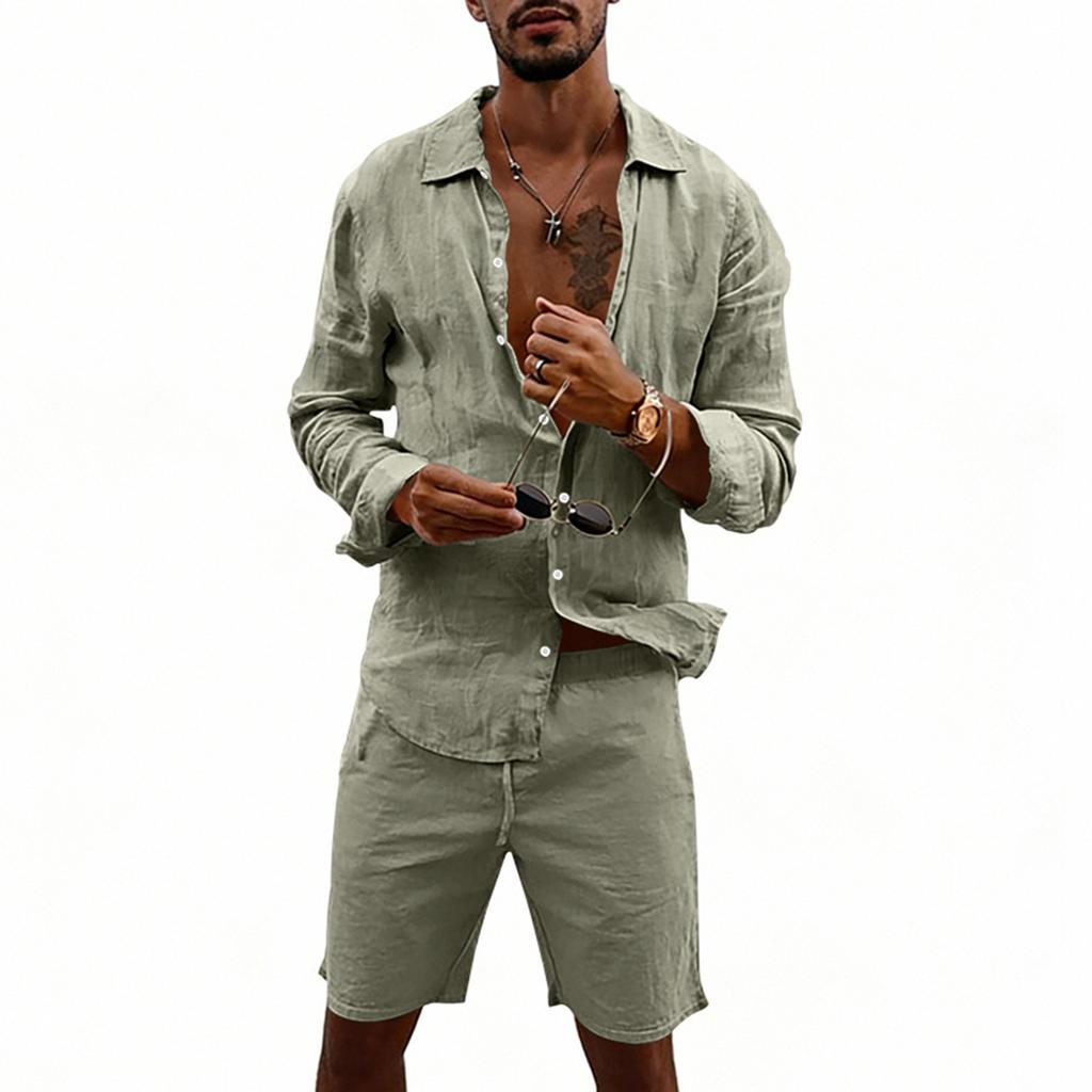 Men's Cotton And Linen Casual Long-Sleeve And Shorts Set