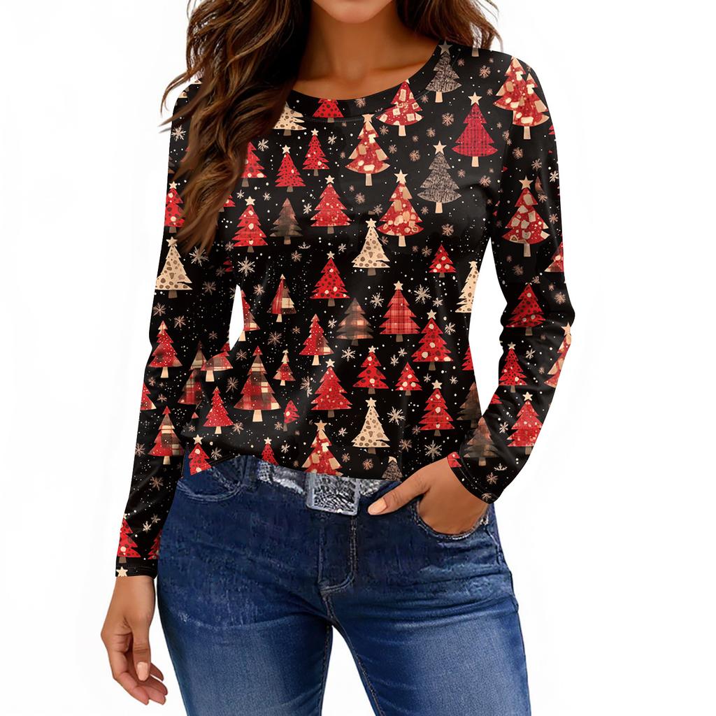 Damska modna, swobodna, rozcięta na dole, okrągły dekolt, długi rękaw, luźny, nadrukowany T-shirt