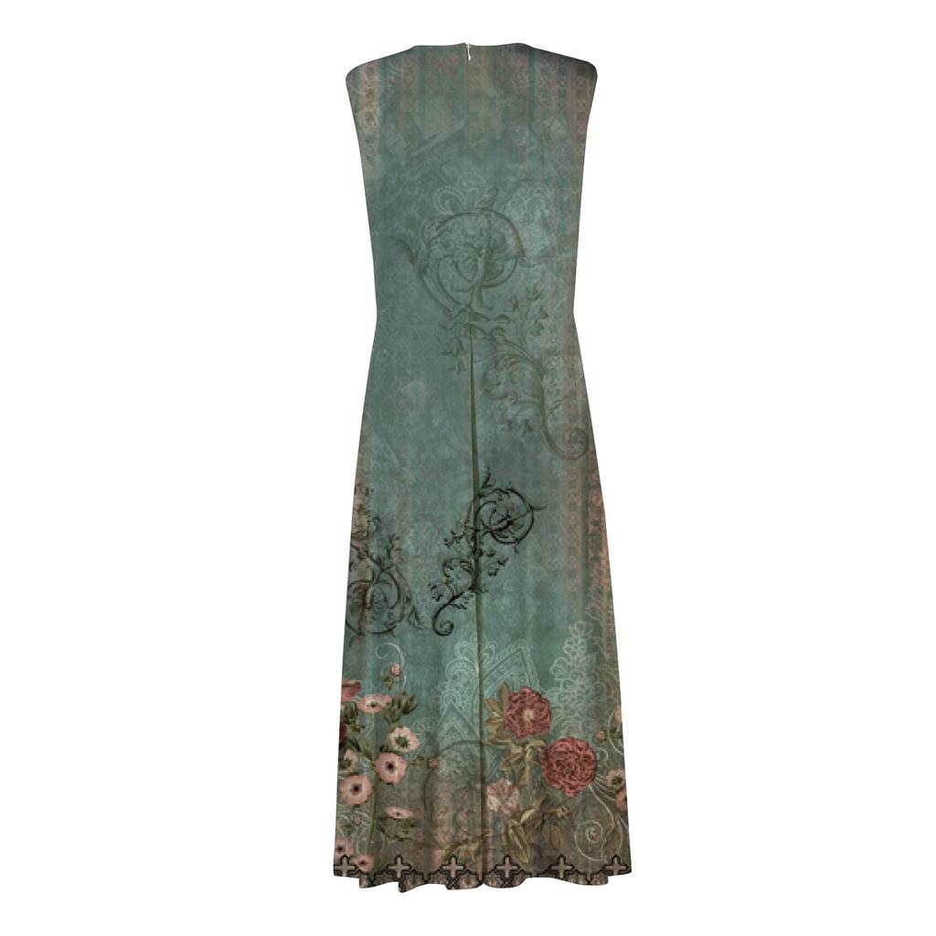 Langes Kleid für Damen, Maxikleid, Freizeitkleid, Swing-Kleid, A-Linien-Kleid, Blumenmuster, Mode, Streetwear, Outdoor, Alltag, Datumsdruck, ärmelloses Kleid mit V-Ausschnitt