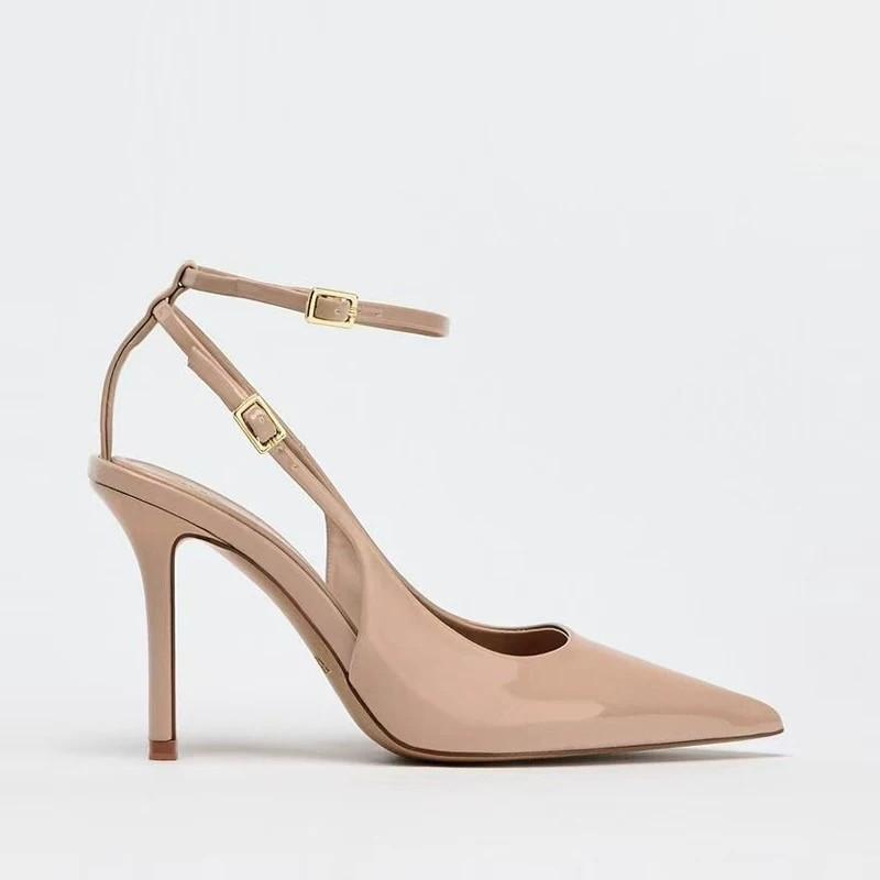Fashion Summer New Baotou Patent Leather Stiletto Sandals Women's Pointed Toe Shallow Mouth Slip Strap Non-slip High Heels