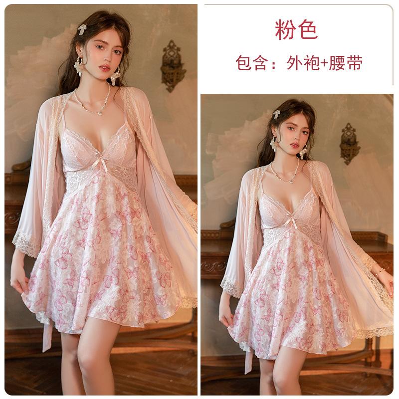 

Sweet woollen butterfly print chiffon lace chest pad gathering suspenders nightdress robe set A One size fits all