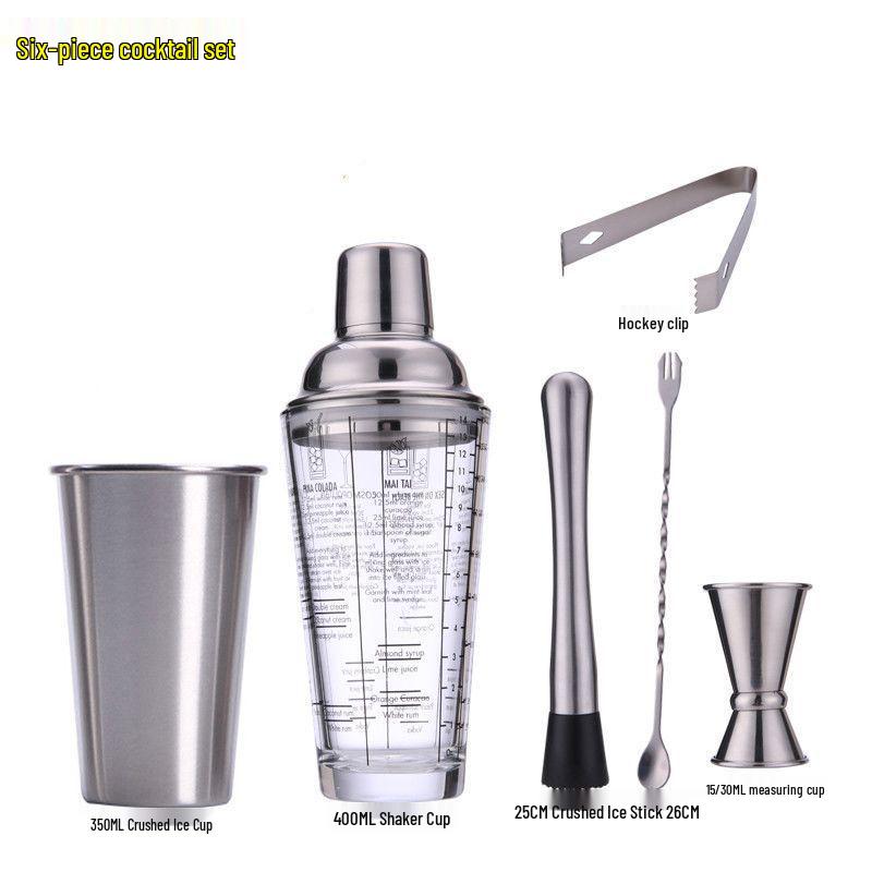 Glass Cocktail Shaker Set: Hand-Shaking Cup, Muddler, and 304 Stainless Steel Measuring Tools