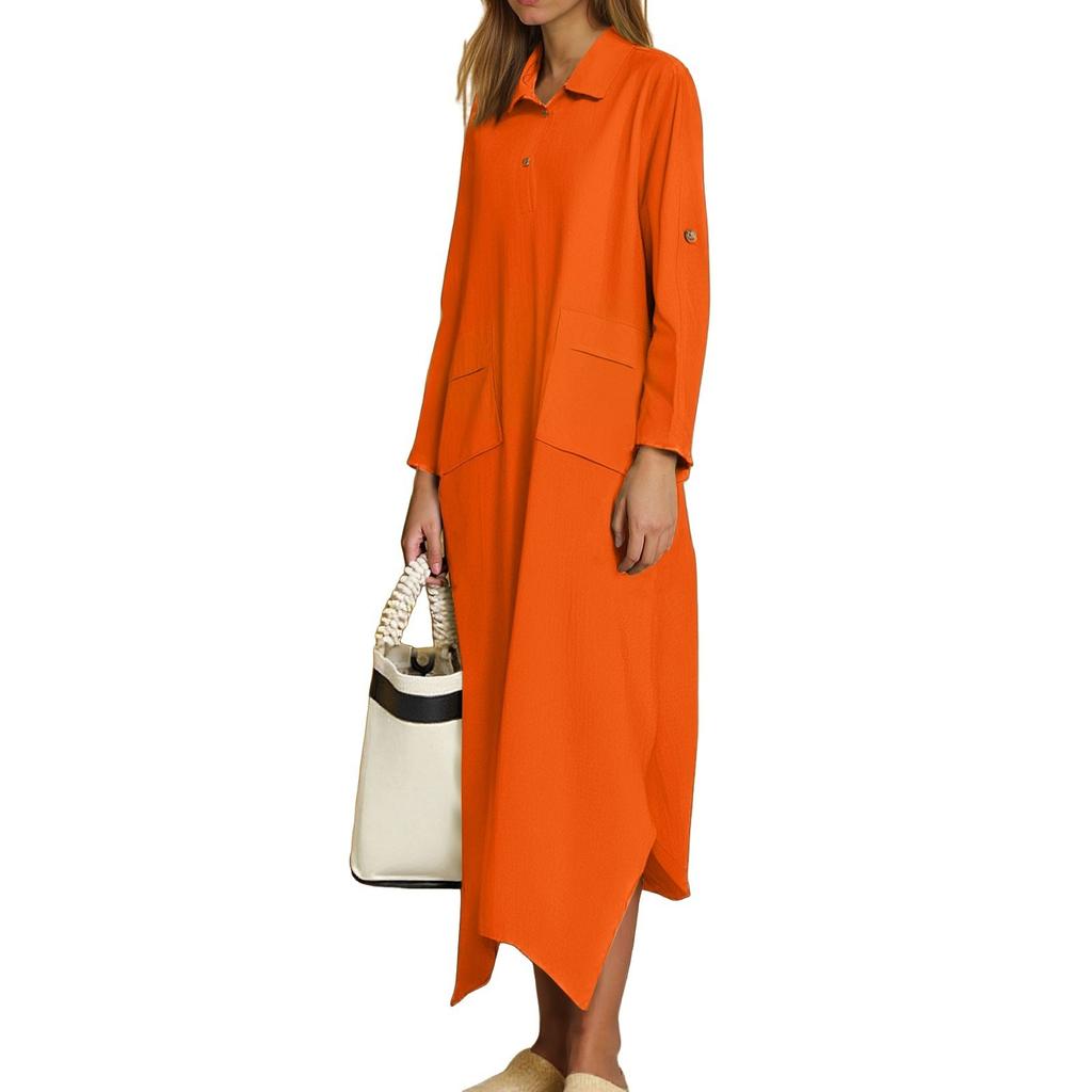 Women's Casual Solid Color Cotton And Linen V-Neck Long Sleeve Button Midi Dress