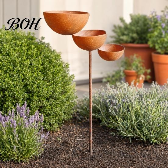 Rustic Iron Garden Decor 3 Tiered Cascading Rain Catcher Bird Bath, Metal Stake Water Three-level Waterfall Feeder Bowl Feeder, Outdoor Pollinator