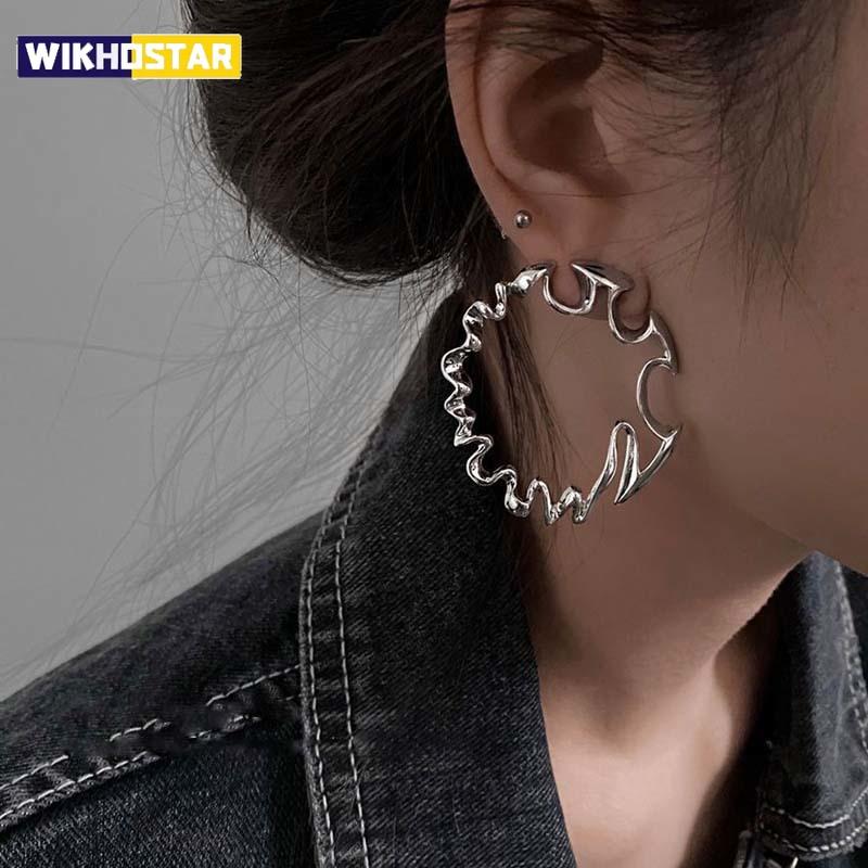 Fashion Metal Irregular Big Circle Hoop Earring For Women Exaggerated Silver Colour Twisted Personality Earrings Jewelry
