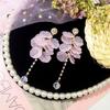Super Fairy Pink Flower Petals Pearl Long Tassel Dangle Earrings for Women Romantic Wedding Party Daily Wear Vacation Jewelry