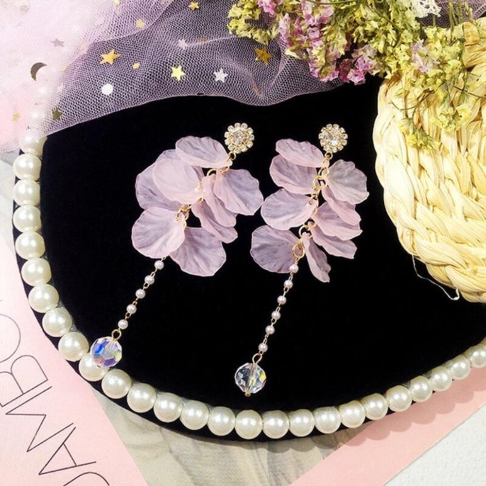 Super Fairy Pink Flower Petals Pearl Long Tassel Dangle Earrings for Women Romantic Wedding Party Daily Wear Vacation Jewelry
