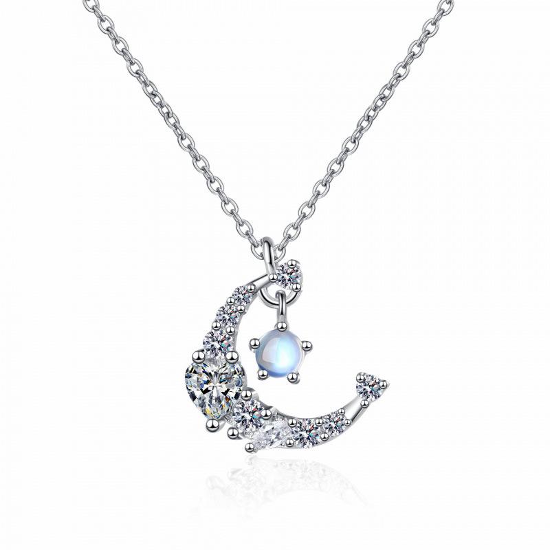 Iridescent Moonstone Star & Moon Necklace: Elegant, Unique Collarbone Chain Accessory.