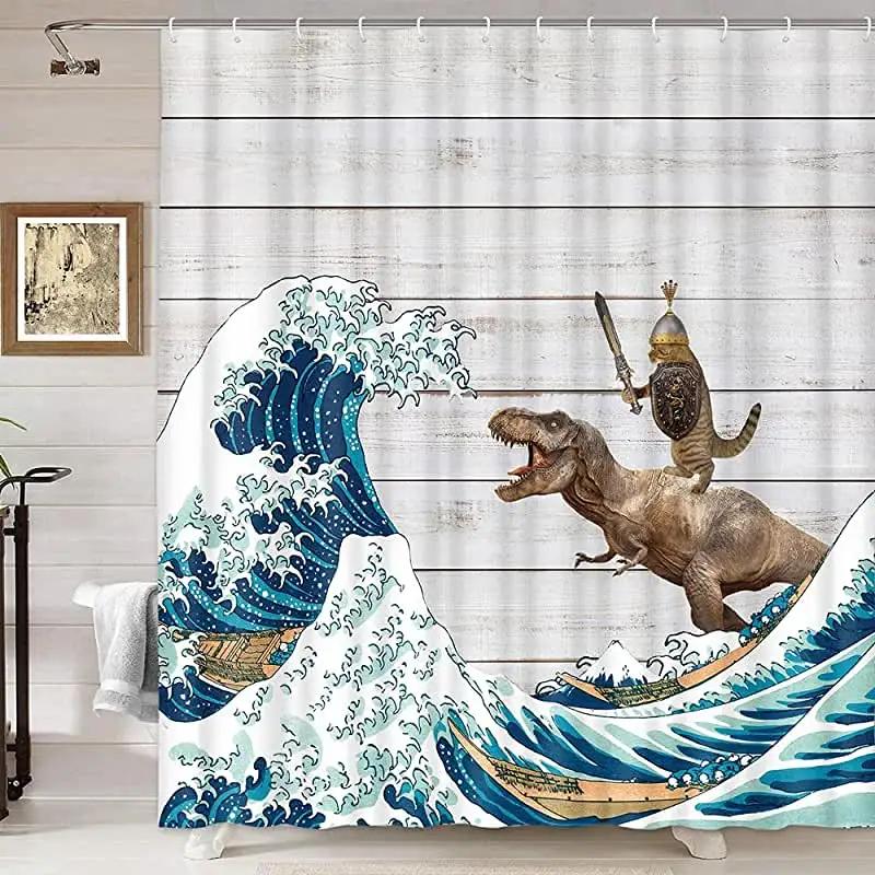 Funny Cat Shower Curtain, Cool Cat Dinosaur Japanese Ocean Wave Decor Fabric Bathroom Curtains, Kids Rustic Wooden Bath Curtain
