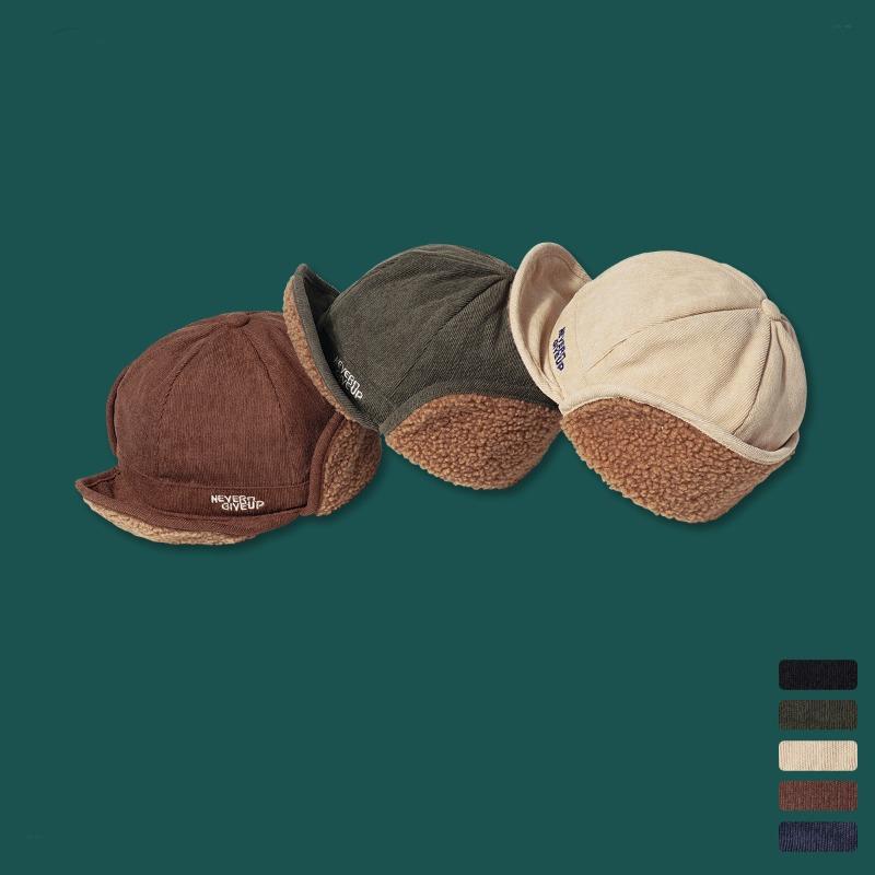 Retro Corduroy Lamb Wool Thickened Warm Ear Protection Women Winter Cute Wool Hat Men