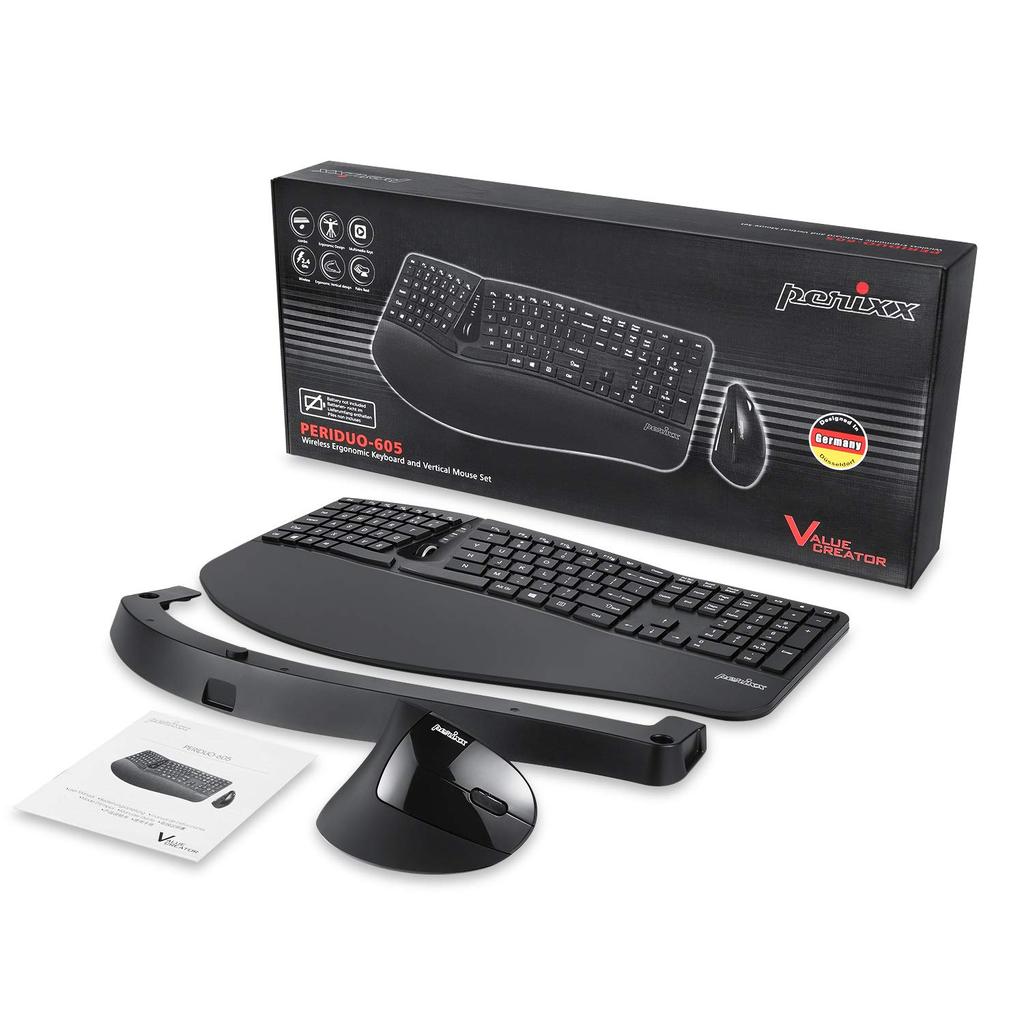 Perixx Wireless Ergonomic Keyboard Vertical Mouse Left and Right Separated Adjustable Palm Flat Membrane English Official Warranty Periduo-605 & Set,