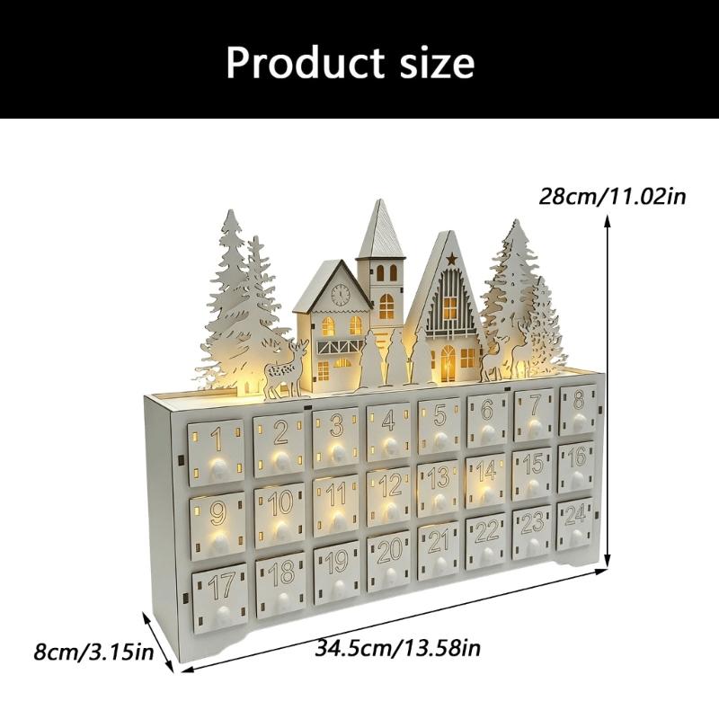 Freestanding Wooden Advent Calendar, 24 Numbered Drawers with Christmas Village Artwork for Shelf Counter Cabinet Display and Daily Opening