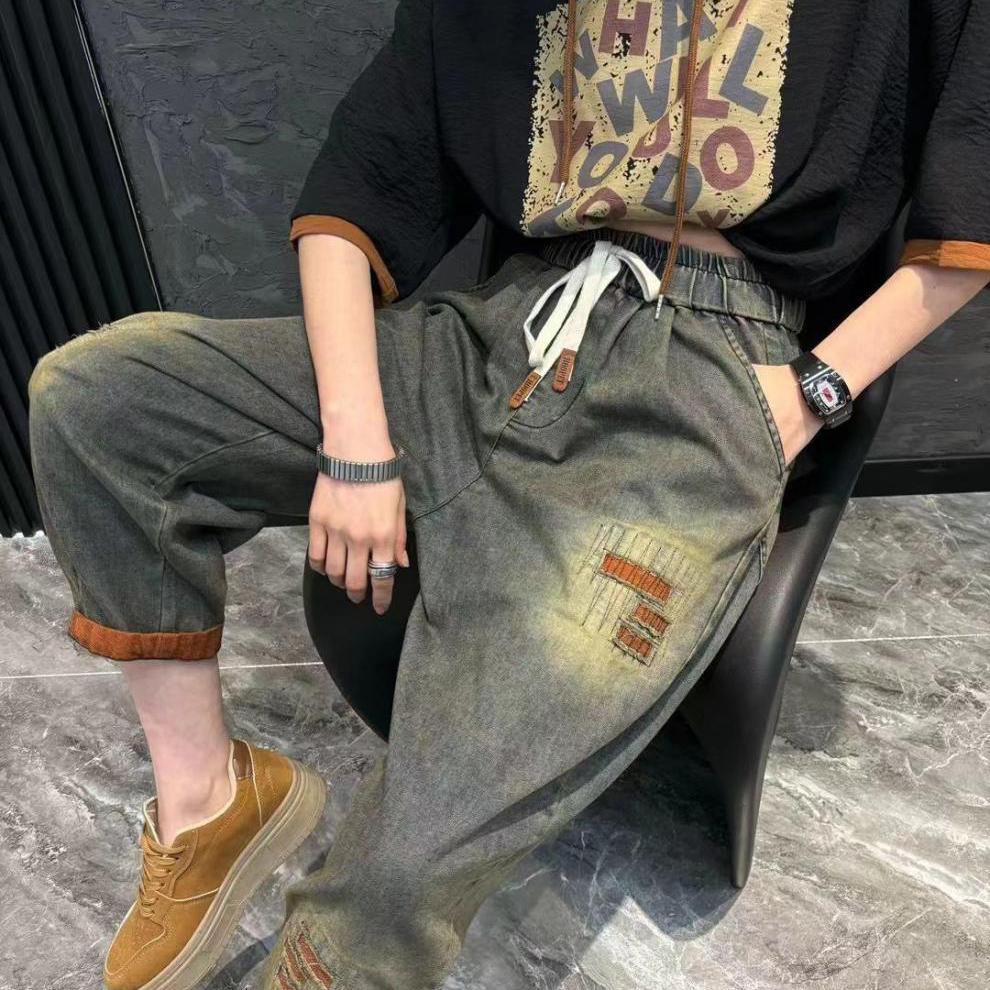 Casual Set Personalized Fashion Hooded Loose Print Short Sleeve Nine Points Jeans Two Piece Set Women's