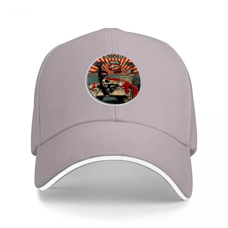 Casquette de baseball rétro avec motif hot rod vintage et soleil sur fond noir, ajustable, unisexe et femme.