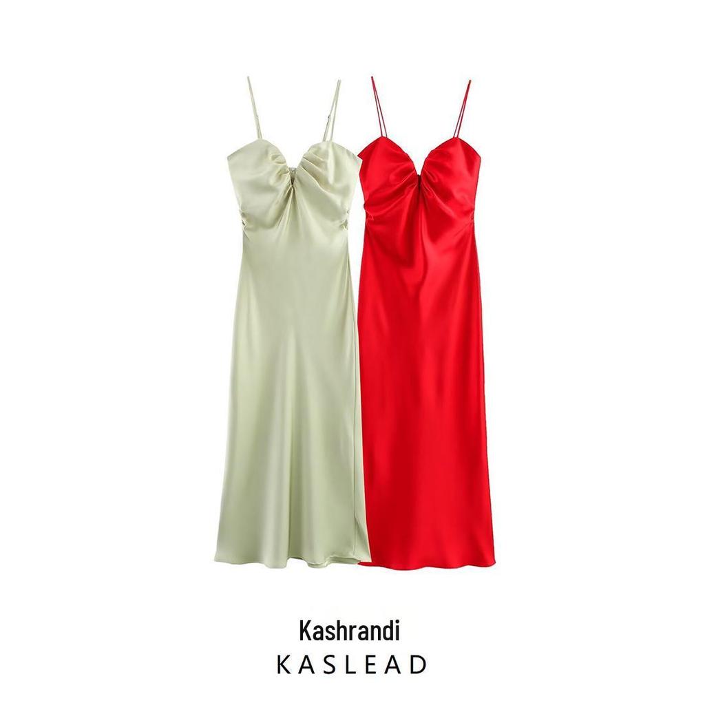 Spring 2025 Women's European & American Style Heart Neckline Silk Satin Midi Dress